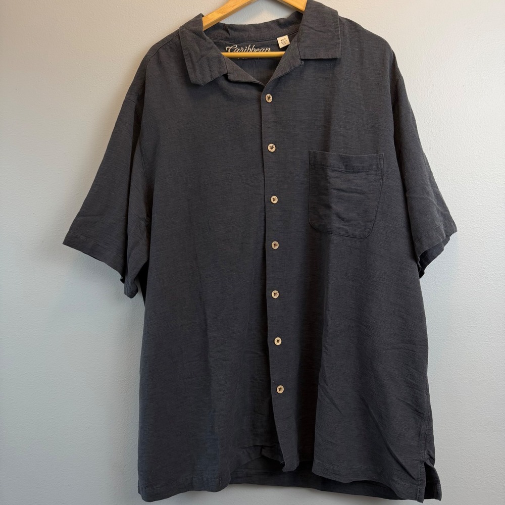 Caribbean Pure Silk Mens 3XT Gray Short Sleeve Button Down Shirt Beach Tropical
